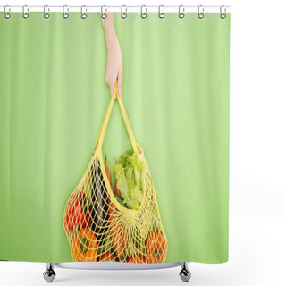Personality  Partial View Of Woman Holding String Bag With Whole Vegetables On Light Green  Shower Curtains
