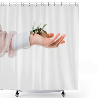 Personality  Cropped View Of Female Hand Holding Eucalyptus Leaves With Flowers In Hand On White  Shower Curtains