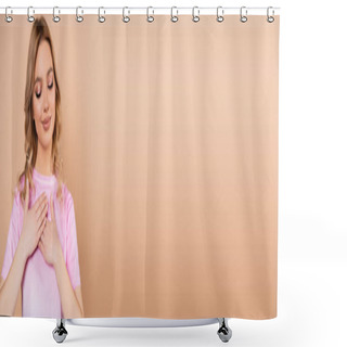 Personality  Pleased Woman With Closed Eyes Touching Chest Isolated On Beige, Banner Shower Curtains