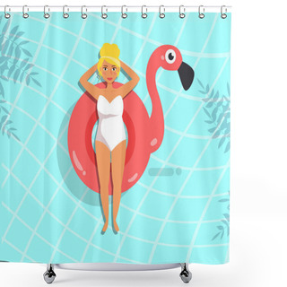 Personality  Woman In Pool In Rubber Ring. Flamingo Shower Curtains