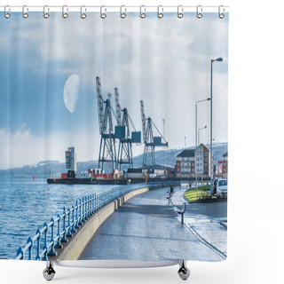 Personality  Greenock's Esplanade In The West End Of The Town Looking Over To The Contrasting ClydePort Terminal With Its Port And Heavy Cranes. Early Morning Half Moon And Snow On The Greenock Hills Shower Curtains
