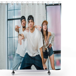 Personality  Stylish Multicultural Dancers Posing While Dancing Hip-hop In Dance Studio  Shower Curtains