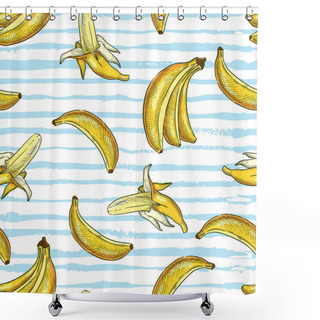 Personality  Tropical Seamless Pattern With Yellow Bananas On Blue White Watercolor Stripes Background. Vector Hand Drawn Sketch Illustration. Summer Design For Fashion Textile Prints, Fabric Or Wrapping Paper Shower Curtains