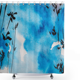 Personality  Japanese Painting With Blue Sky And Branches On White Background Shower Curtains