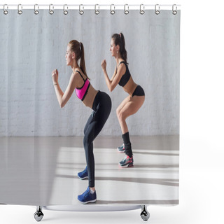 Personality  Tough Stamina Training For Two Young Stunning Fitness Models Doing Squats Together Indoors Shower Curtains