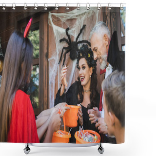 Personality  Happy Woman In Halloween Costume Holding Lollipops Near Blurred Kids Shower Curtains