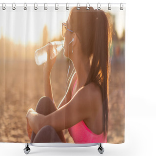Personality  Beautiful Fitness Athlete Woman Drinking Water After Work Out Exercising On Sunset Evening Summer In Beach Outdoor Portrait. Shower Curtains