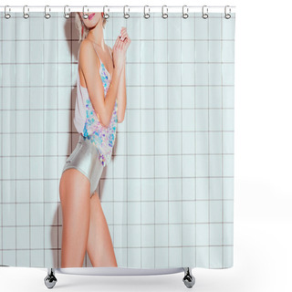 Personality  Cropped View Of Woman In Sequin Top Posing With White Tile On Background Shower Curtains