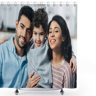 Personality  Happy Latin Family Hugging While Looking At Camera At Home Shower Curtains