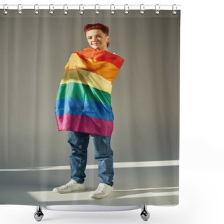 Personality  Full Length Of Smiling Queer Person Posing With Rainbow Colors LGBT Flag White Standing On Grey Shower Curtains