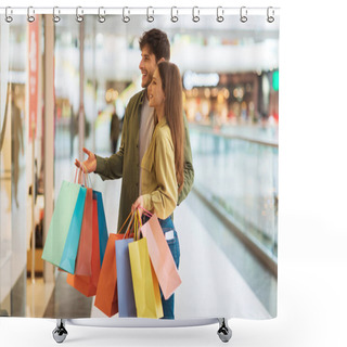 Personality  Happy Couple Shopping Standing Near Shop Window In Mall Shower Curtains