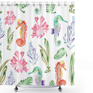Personality  Pattern With Watercolor Seahorses And Seaweed (algae) Shower Curtains