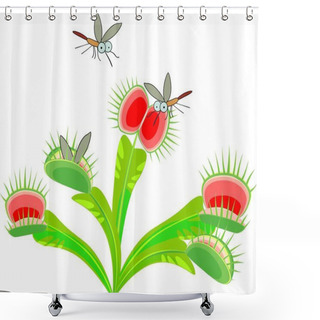 Personality  Venus Flytrap Or Dionaea Muscipula And Mosquitoes. Carnivorous Plant Shower Curtains