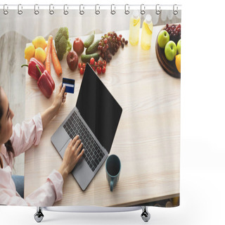 Personality  Woman Using Laptop With In Kitchen, Holding Credit Card Shower Curtains