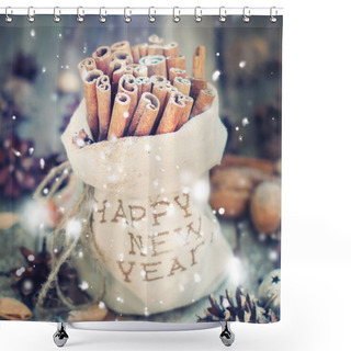 Personality  Linen Bag With Embroidery Happy New Year And Sticks Of Cinnamon. Snow Effects Shower Curtains