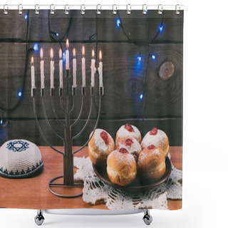 Personality  Menorah, Kippah And Donuts For Hanukkah  Shower Curtains