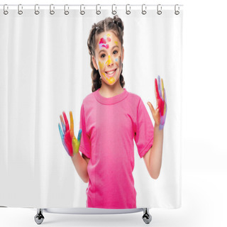 Personality  Smiling Schoolchild Showing Painted Hands Isolated On White Shower Curtains