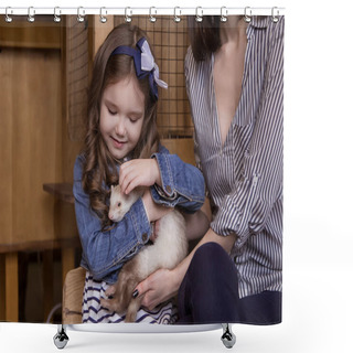 Personality  Family In The Contact Zoo, The Mother And Daughter Are Holding A Carnivorous White Ferret And Stroking, A Kind Animal. Shower Curtains