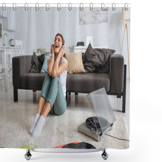 Personality  Cheerful Girl Listening Music In Headphones And Singing Near Vintage Record Player  Shower Curtains