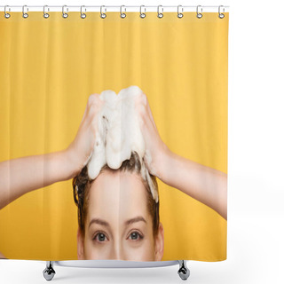Personality  Cropped View Of Girl Washing Hair While Looking At Camera Isolated On Yellow Shower Curtains