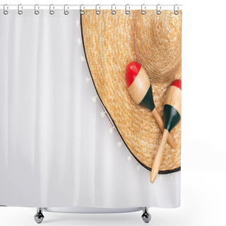 Personality  Top View Of Sombrero And Maracas On White Background Shower Curtains