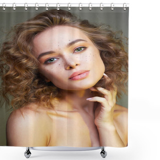 Personality  Beautiful Woman. Amazing Curly Girl With Make-up Shower Curtains