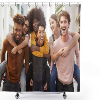 Personality  Three Young Adult Couples Having Fun Piggybacking In A City Street, Close Up Shower Curtains