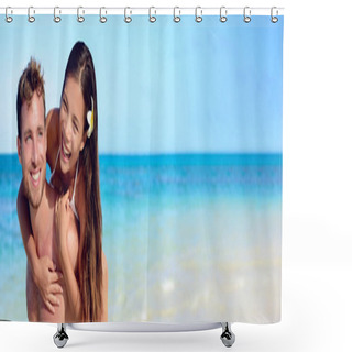 Personality  Happy Beach Couple Laughing While Piggybacking. Interracial Relationship Young Man And Woman Walking On Travel Summer Vacation Having Fun Shower Curtains