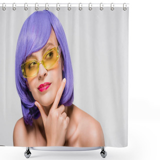 Personality  Beautiful Thoughtful Girl In Purple Wig And Sunglasses Isolated On Grey Shower Curtains