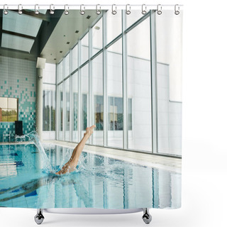 Personality  A Woman Gracefully Swims In A Large Pool Surrounded By Blue Water Under A Clear Sky. Shower Curtains