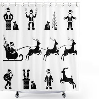 Personality  Stick Figure Icon Santa Claus Man In Sleigh With Reindeer Presents Bag, Chimney, Walking Vector Illustration. Christmas Holidays Pictogram Shower Curtains