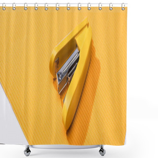 Personality  Panoramic Shot Of Yellow Stapler On Bright Paper Isolated On White  Shower Curtains