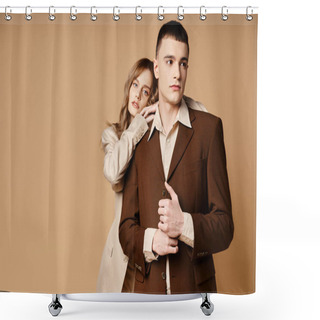 Personality  Attractive Young Man In Debonair Suit Posing Next To His Beautiful Girlfriend Who Looking At Camera Shower Curtains