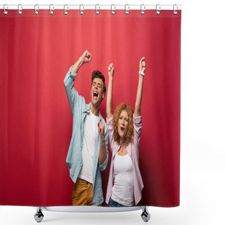 Personality  Excited Young Couple Celebrating Triumph, Isolated On Red Shower Curtains
