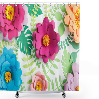 Personality  Top View Of Pink, Purple, Orange, Blue Paper Flowers And Green Leaves On White Background Shower Curtains