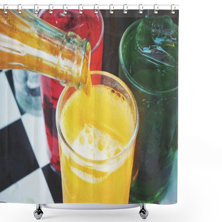 Personality  Close-up Shot Of Yellow Beverage Pouring Into Glass With Other Colorful Drinks Shower Curtains