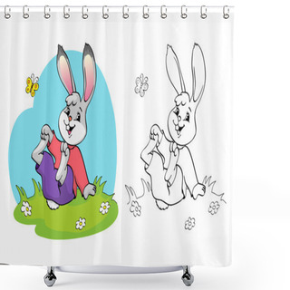 Personality  Coloring Book Or Page. Rabbit In A Meadow Among The Daisies And Butterfly. Shower Curtains