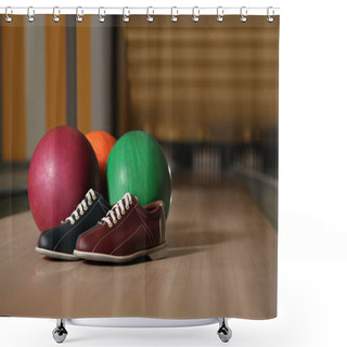 Personality  Shoes And Balls On Bowling Lane In Club. Space For Text Shower Curtains