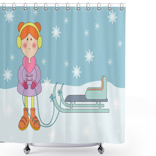 Personality  Illustration Of Winter Vacation, Little Girl With Slide Shower Curtains