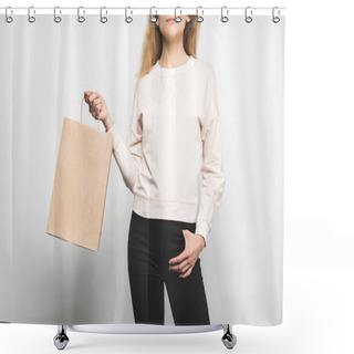 Personality  Cropped Shot Of Woman In Blank Sweatshirt On White With Shopping Bag Shower Curtains