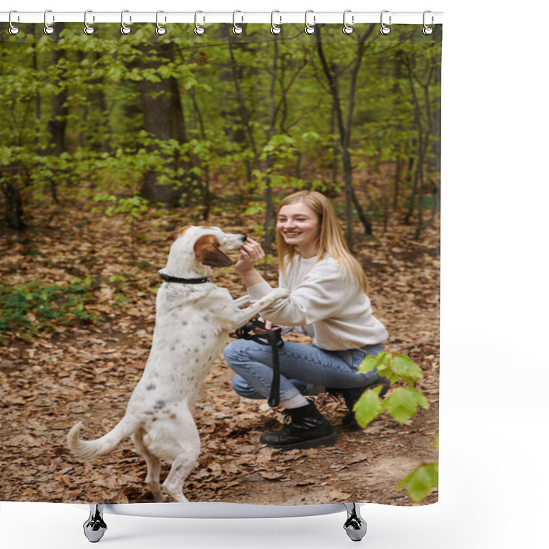 Personality  Smiling Hiker Girl Interacting With Her Pet Training While Hiking Rest With Forest View Shower Curtains