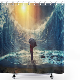 Personality  A Woman Surrounded By Large Waves And Holding An Umbrella. Shower Curtains