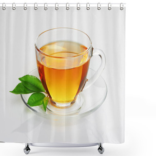 Personality  Cup With Tea And Green Leaf Shower Curtains