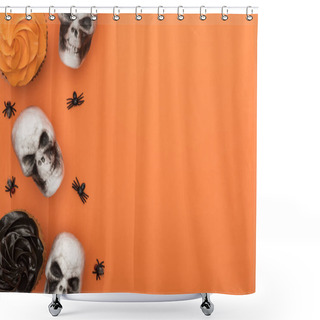 Personality  Top View Of Cupcakes, Decorative Skulls And Spiders On Orange Background With Copy Space Shower Curtains