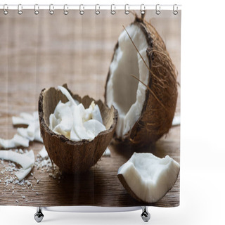 Personality  Selective Focus Of Fresh Tasty Coconut Half Near Flakes In Shell On Wooden Table Shower Curtains