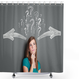 Personality  Woman Making A Decision With Arrows And Question Mark Above Her  Shower Curtains