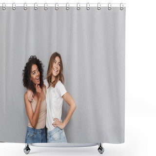 Personality  Portrait Of Two Happy Young Women Standing Together And Looking Away At Copy Space Isolated Over Gray Background Shower Curtains