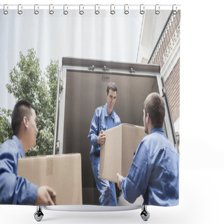 Personality  Movers Unloading A Moving Van Shower Curtains