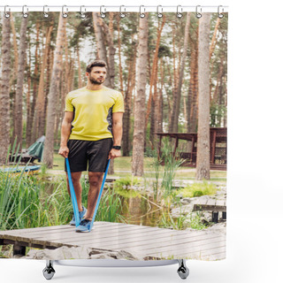 Personality  Sportsman Working Out With Suspension Straps In Forest  Shower Curtains