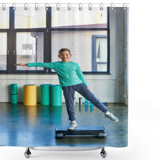 Personality  Happy Little Boy Stretching On Fitness Stepper And Smiling Cheerfully At Camera, Child Sport Shower Curtains